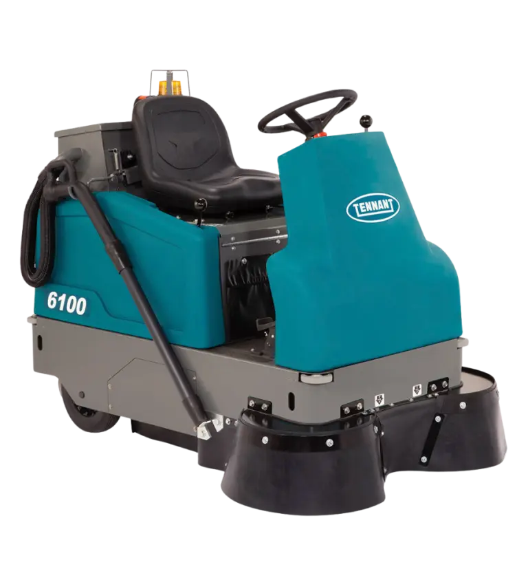 Tennant 6100 Ride-On Sweeper – Right Rear View with Vacuum Wand Attachment for Detail Cleaning