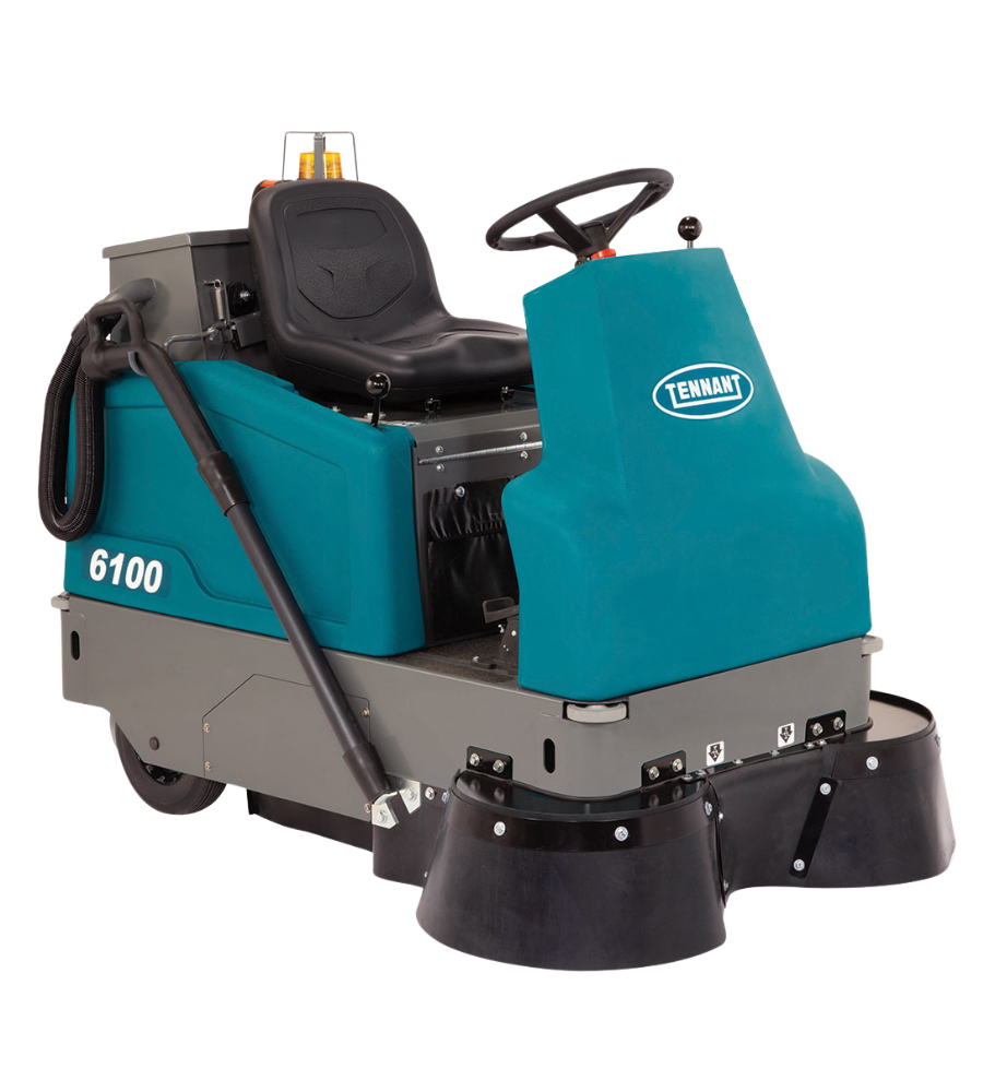 Tennant 6100 Ride-On Sweeper – Right Rear View with Vacuum Wand Attachment for Detail Cleaning