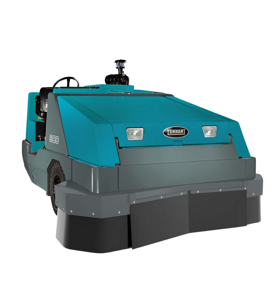Tennant 800 Heavy-Duty Sweeper – Front Angle View Featuring Silica Dust Control with Optional HEPA Filtration Kit