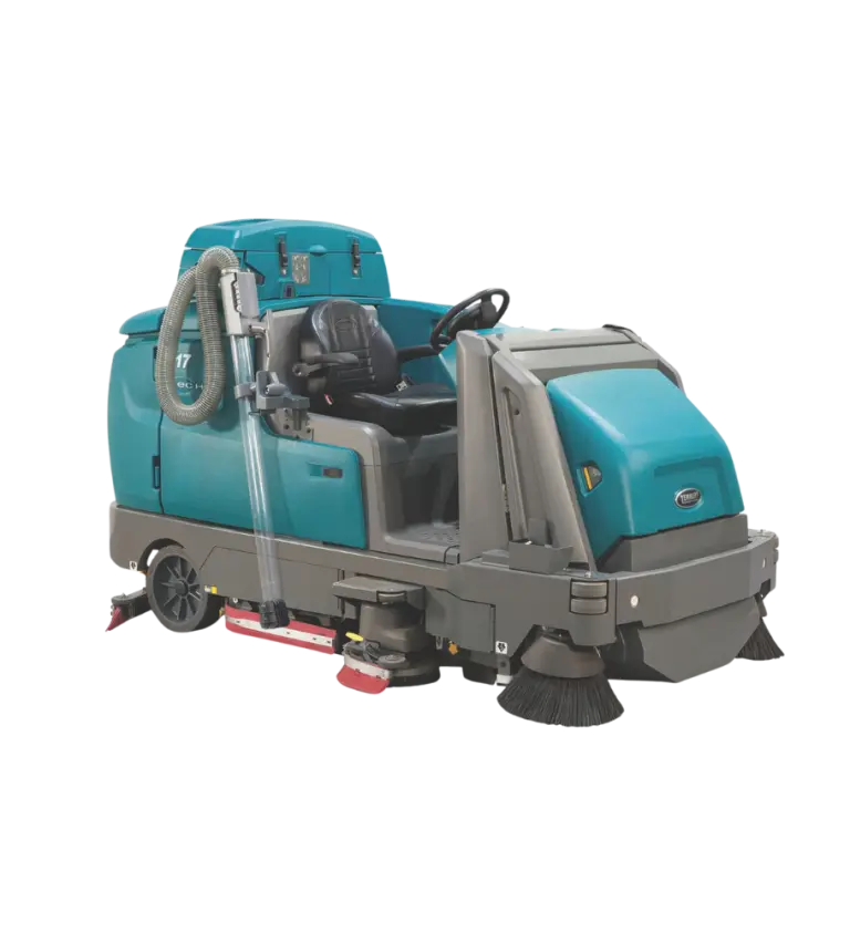 Tennant M17 Rider Scrubber – Right Side View with Onboard Vacuum Hose Attachment for Enhanced Cleaning Flexibility