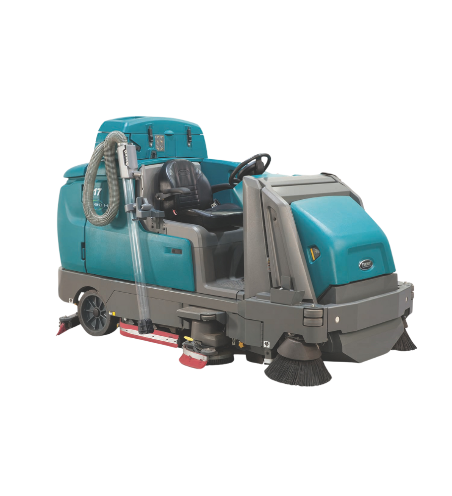 Tennant M17 Rider Scrubber – Right Side View with Onboard Vacuum Hose Attachment for Enhanced Cleaning Flexibility