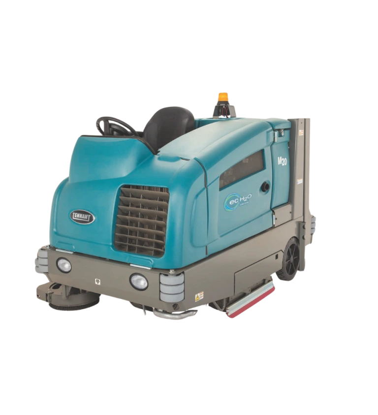 Tennant M20 Rider Scrubber-Sweeper – Left Side View with Compact Operator Cabin and ec-H2O System