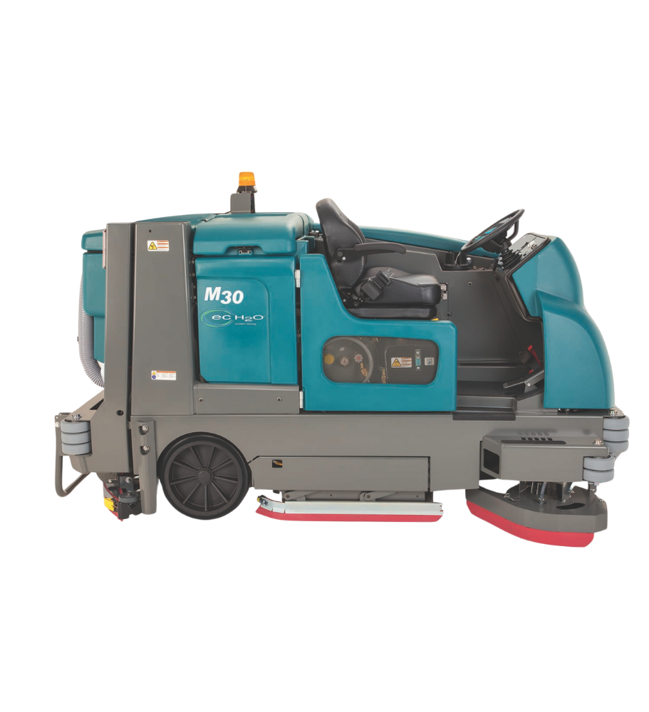 Tennant M30 Rider Scrubber-Sweeper – Right Side View Showcasing Operator Cabin and Dual Function Scrubbing and Sweeping System