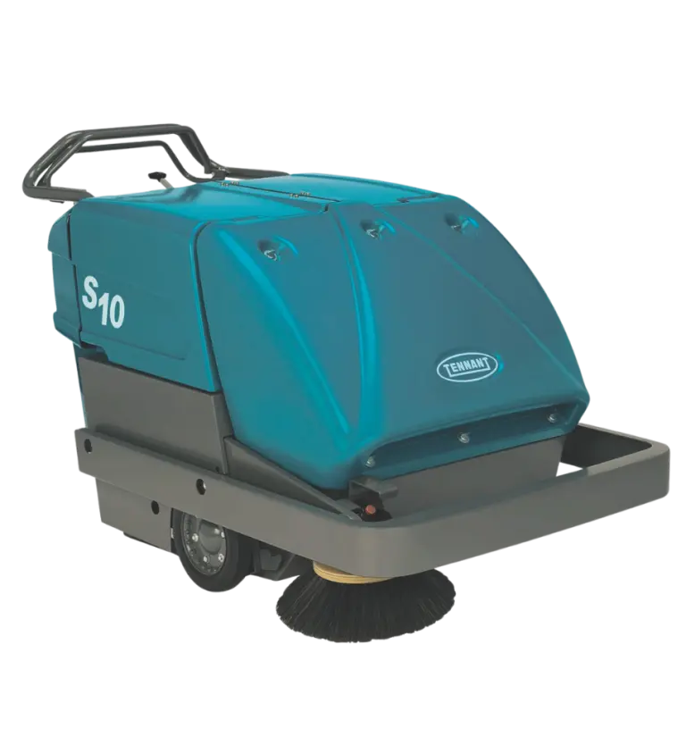 Tennant S10 Walk-Behind Sweeper – Right Angle View of Industrial Floor Cleaning Machine