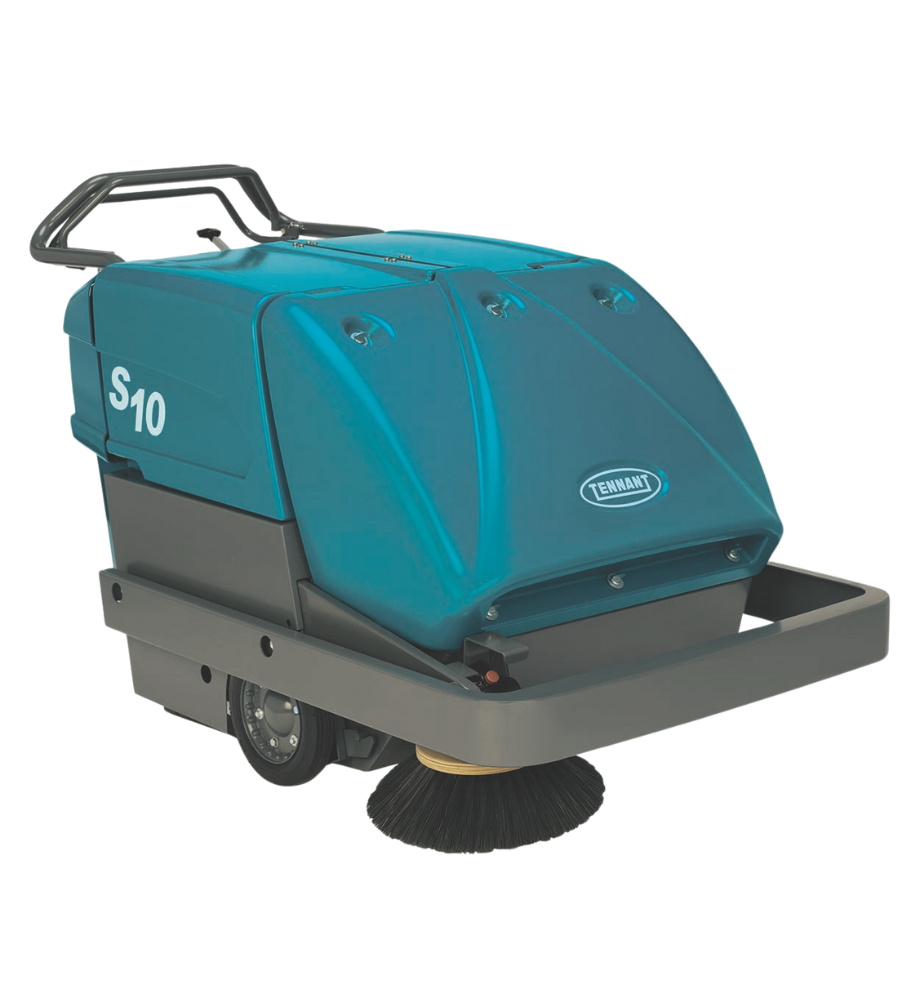 Tennant S10 Walk-Behind Sweeper – Right Angle View of Industrial Floor Cleaning Machine