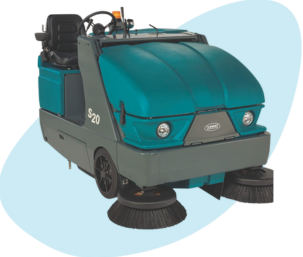 Tennant S20 Rider Sweeper – Front View with Dual Side Brushes on Branded Blue Background Element for Homepage Design.