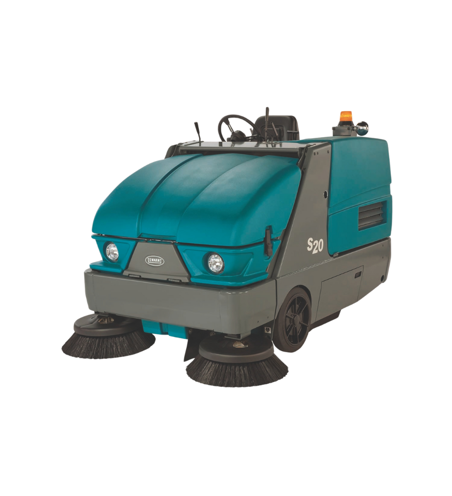 Tennant S20 Rider Sweeper – Left Angle View Highlighting Compact, Enclosed Operator Cabin and Dual Side Brushes