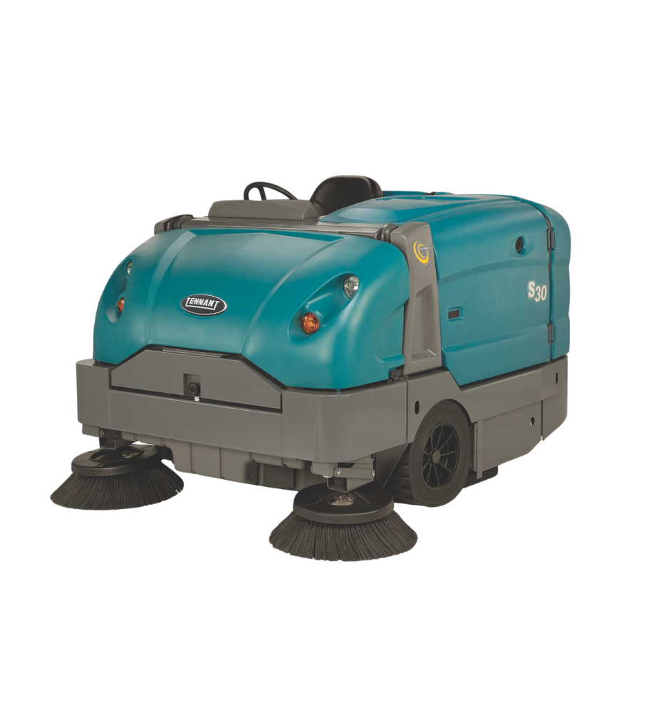 Tennant S30 Industrial Sweeper – Left Side View Highlighting Operator Cabin and Side Brush Mechanism