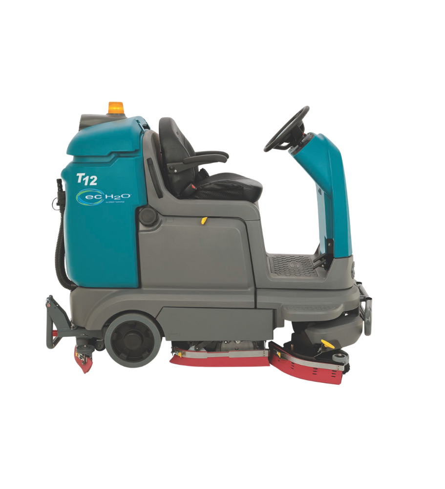 Tennant T12 XP Ride-on Scrubber – Right Side View with Steering Wheel and Rear Squeegee System