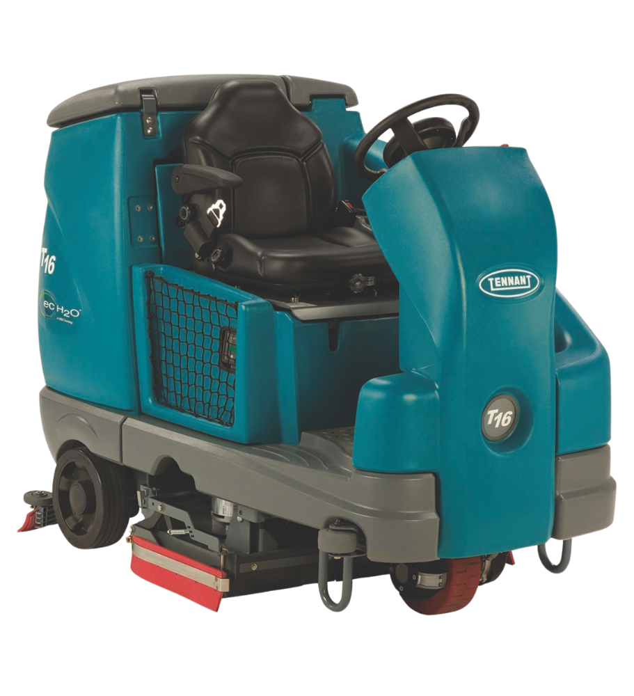 Tennant T16 Floor Scrubber – Front Right Angle View Featuring ec-H2O Technology and Operator Seat