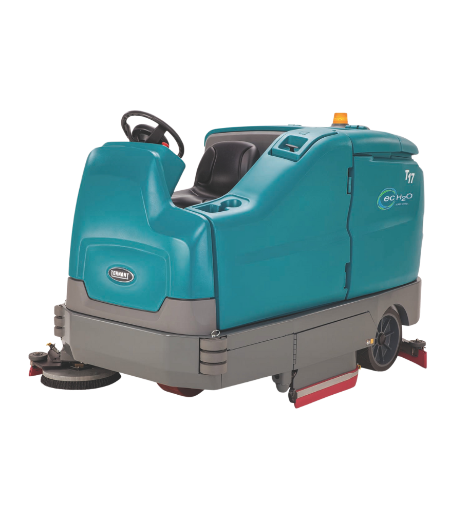 Tennant T17 Ride-on Scrubber – Left Angle View with Scrubbing Brush Head and Operator Seat