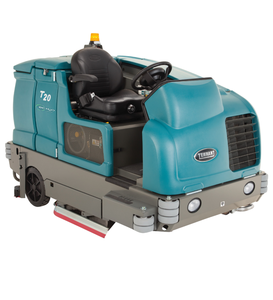 Tennant T20 Floor Scrubber – Side View Without Brush System, Showcasing Operator Seat and Heavy-Duty Chassis