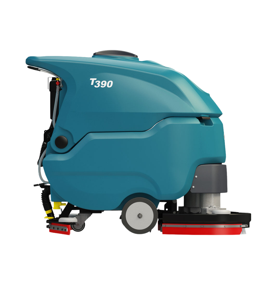 Tennant T390 Battery-Powered Scrubber – Right Profile Showcasing High-Capacity Recovery and Solution Tanks