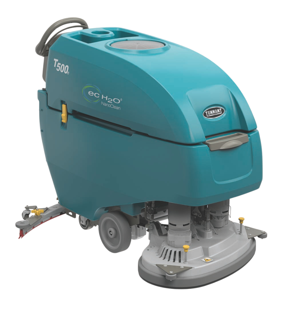 Tennant T500e Floor Scrubber – Right View Featuring Dual Disk Scrubbing Head for Effective Floor Maintenance