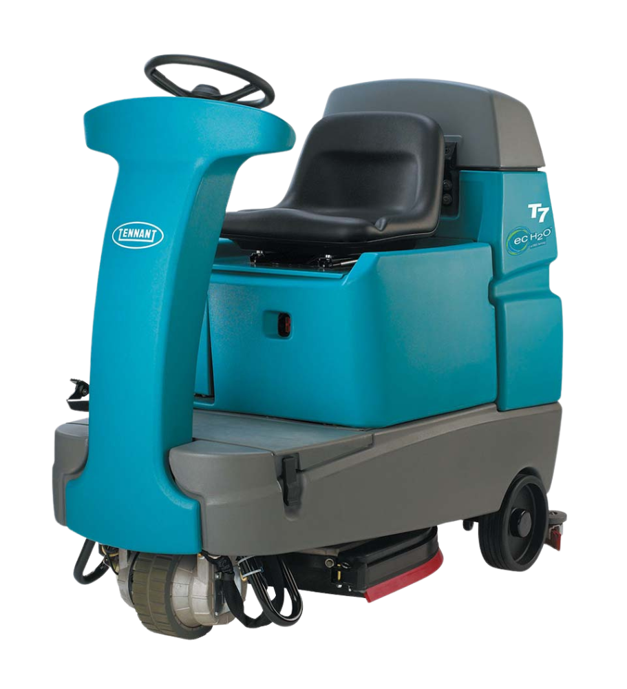 Tennant T7 Ride-On Floor Scrubber – Left View with Ergonomic Operator Seat and Compact Maneuverability