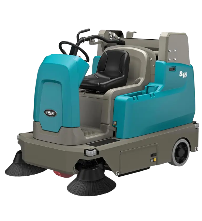 Tennant S16 Ride-On Sweeper – Left View with Dual Side Brushes and Vacuum Wand for Enhanced Cleaning Options