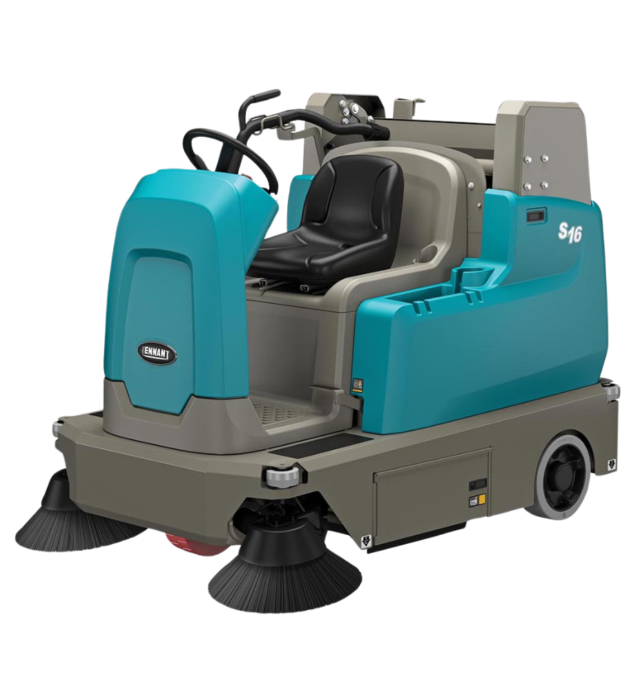 Tennant S16 Ride-On Sweeper – Left View with Dual Side Brushes and Vacuum Wand for Enhanced Cleaning Options