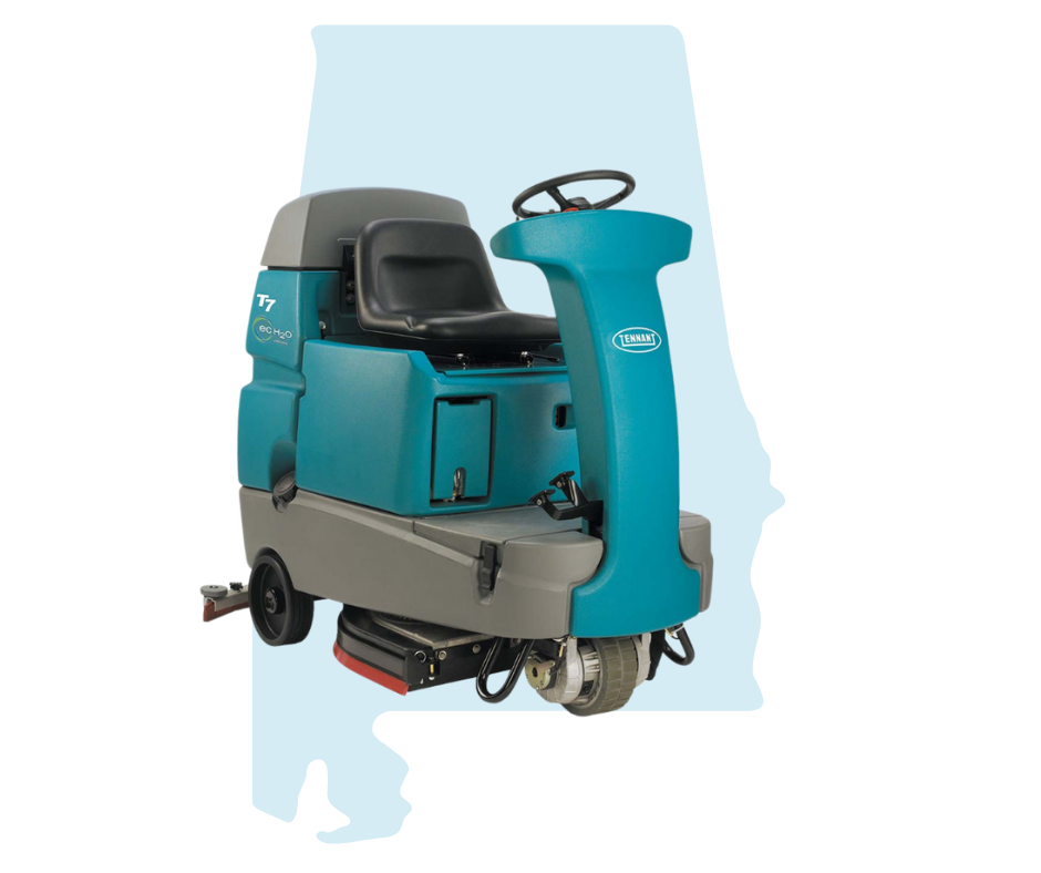 Tennant T7 ride-on floor scrubber over Alabama outline, Thompson Flooring Solutions rentals and service