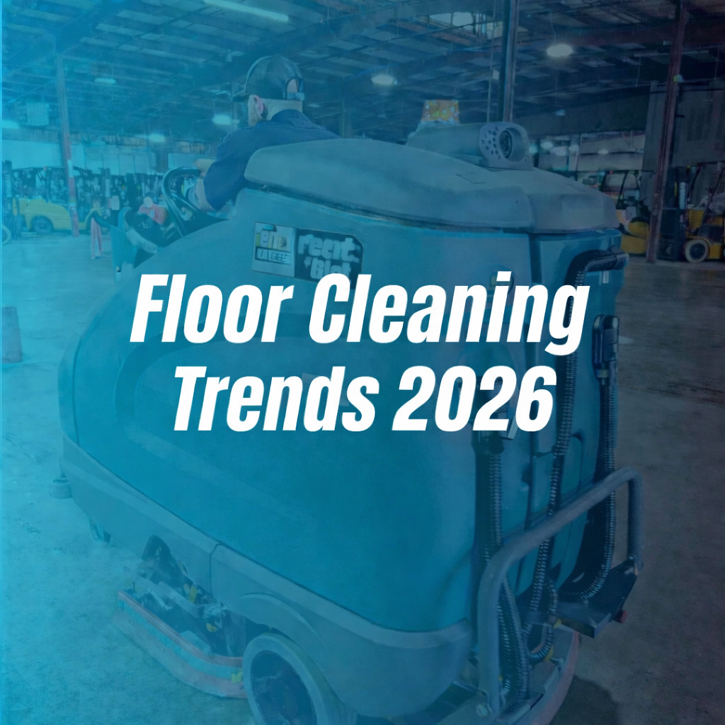 Ride-on floor scrubber in a warehouse with forklifts, branded Thompson Flooring Solutions, text Floor Cleaning Trends 2026