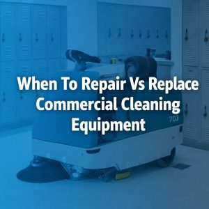 Commercial floor cleaning machine in a locker room with a blue overlay