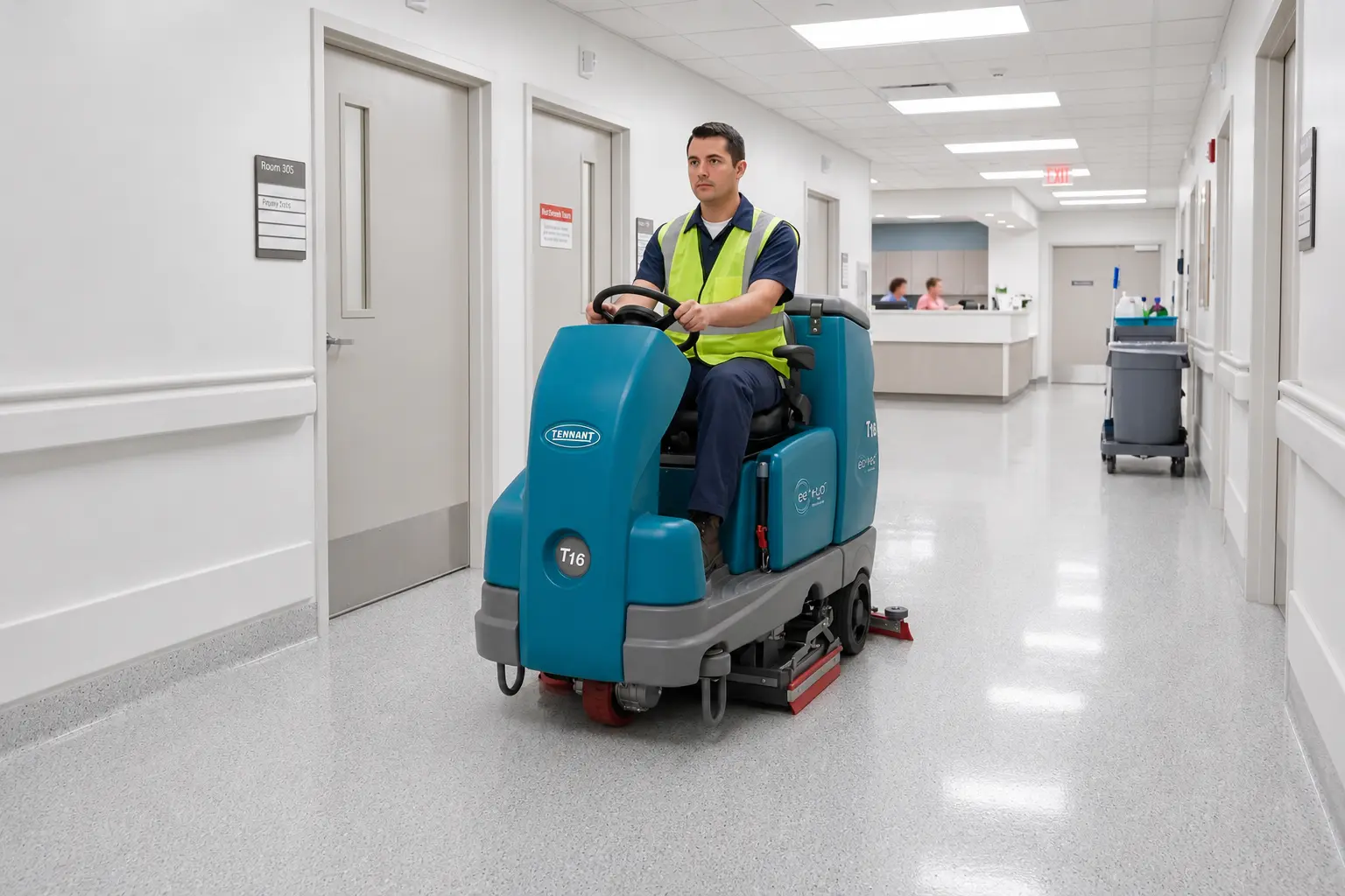 Thompson Flooring Solutions hospital floor cleaning equipment used to clean a healthcare facility hallway