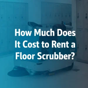 Ride-on commercial floor scrubber in facility with lockers in the background, representing floor scrubber rental costs